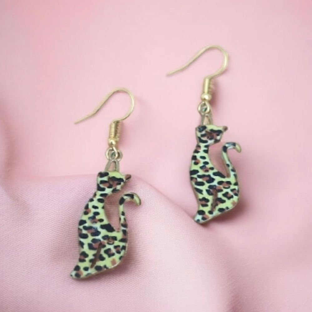 Cat Cheetah Bengal Leopard Print Pattern Kitty Earrings - Picture 6 of 7